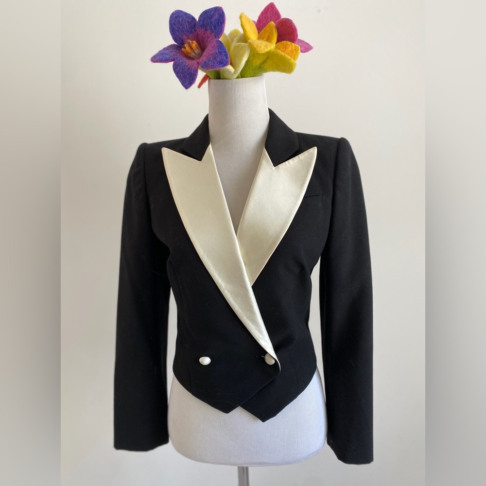 Vintage Yves Saint Tropez Black and Cream Women's Jacket wool silk